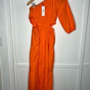 The Drop Women's April One Shoulder Cut-Out Tiered Midi Dress Fire Orange NWT